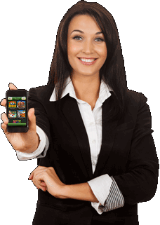 Woman holding up a phone showing the Springbok mobile casino (official artwork)